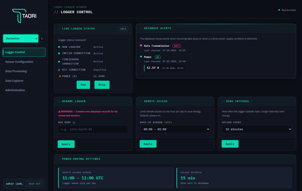 screenshot of web interface showing the logger status page